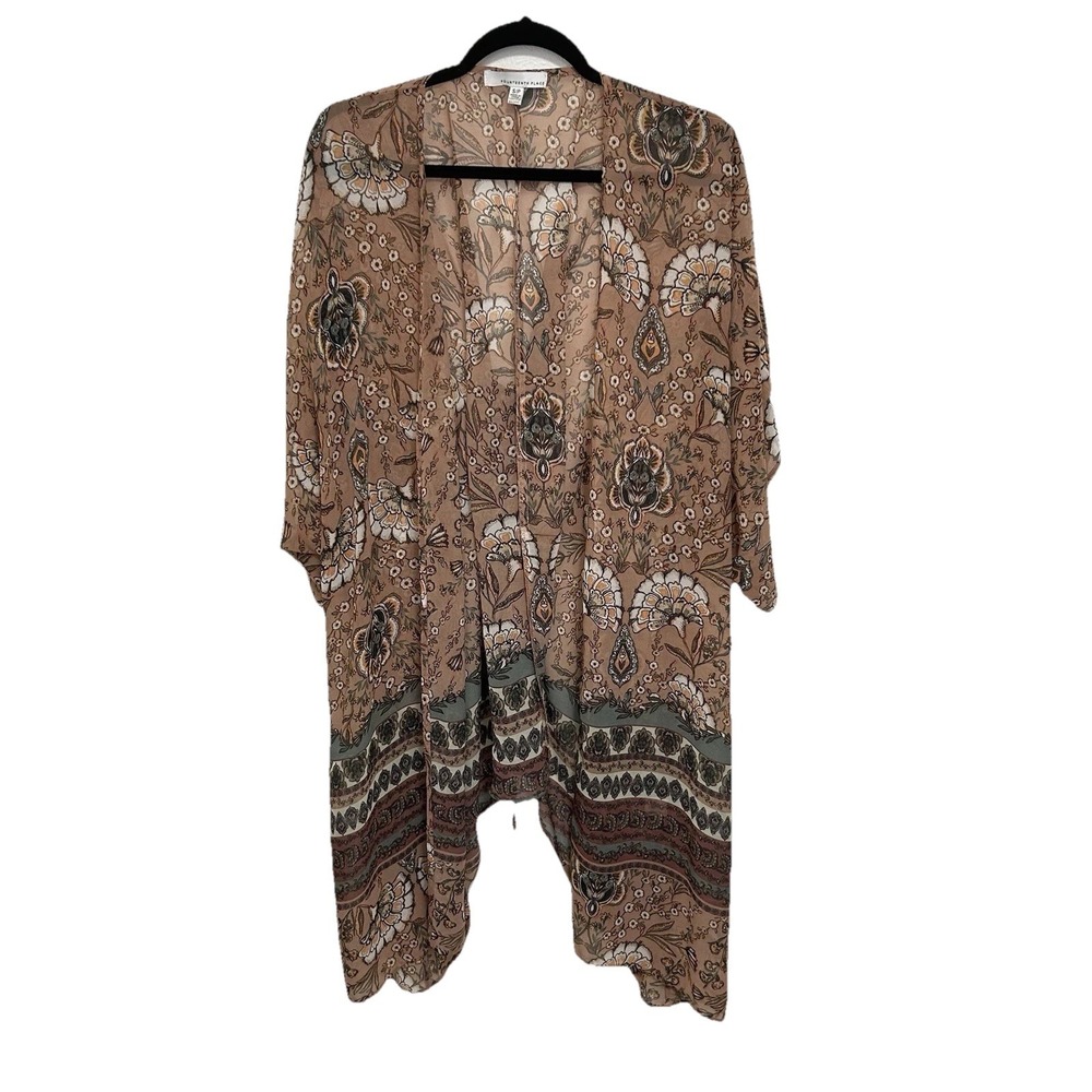 Fourteenth Place Brown Floral Kimono Cardigan Corset Lace Duster Romantic Sz S‎